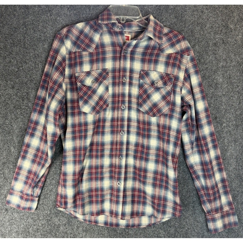 Wrangler Shirt Men Small Red White Blue Plaid Button Up Long Sleeve Cotton Blend